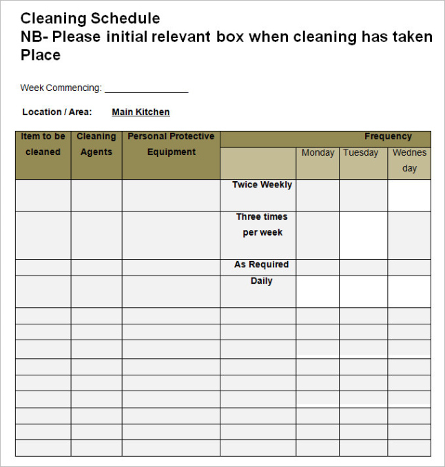 Sample School Kitchen Cleaning Schedule Template Doc Example