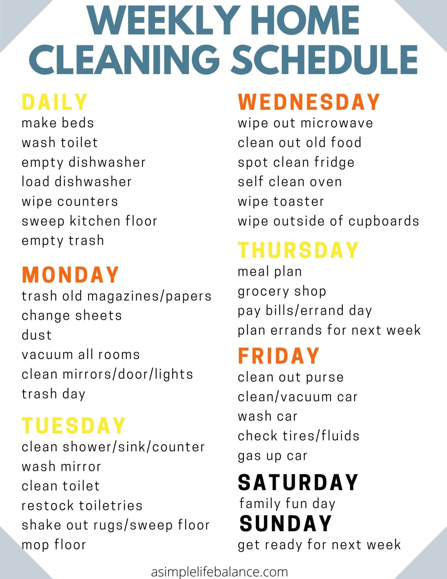 Sample Weekly Home Cleaning Schedule Template  Sample